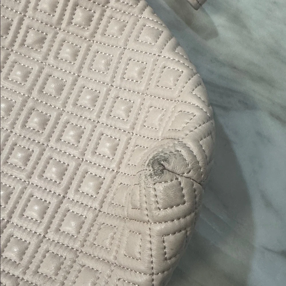 Tory Burch Marion Quilted Leather Slouchy Tote Shoulder Bag Peach Colored